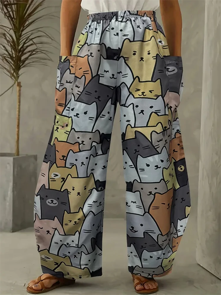 Women's Large Size Cartoon Cat Loose Wide-legged Pants Fall And Winter Casual Elastic Waist Pants Home Large Size Women Clothing