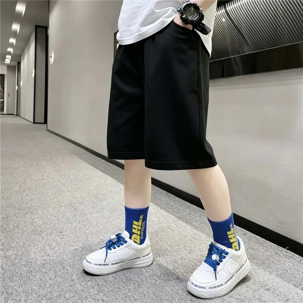Boys Girls Solid Cotton Casual Knee Length Shorts Elastic Waist Side Pockets Black White 3-16Y
