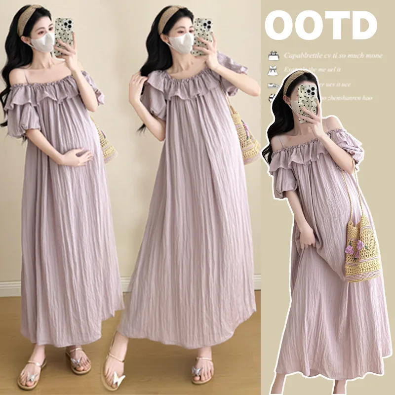 

Maternity Dress Summer 2026 Loose Off Shoulder Ruffles Short Sleeve Long Dress For Pregnant Women Gentle Elegant Temperament
