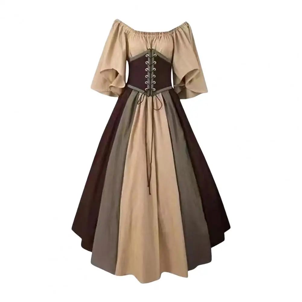 Vestido maxi de festa medieval feminino, vestido vintage plissado, cor contrastante, design de linha A com cosplay