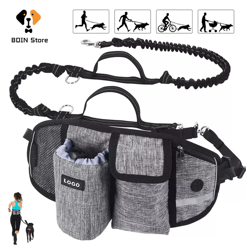 Hands Free Dog Running Leashes Waist Treats Bag Set Candy Pouch For Dog Pet Walking Jogging Dog Feed Bowls Storage Water Cup Bag