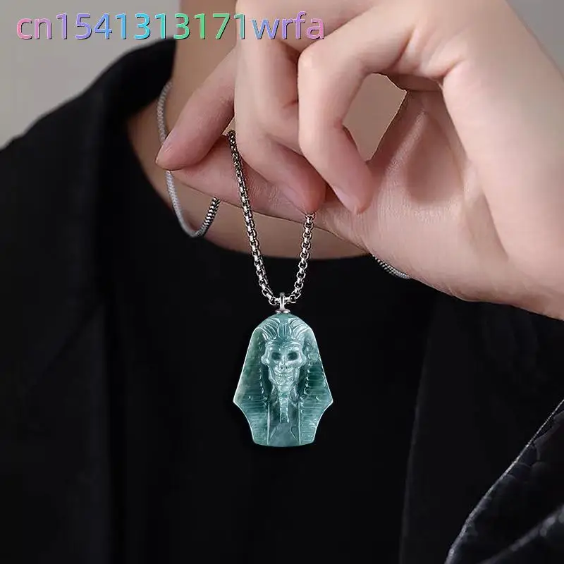 Blue Myanmar Jade Pharaoh Pendant Necklace Amulet Fashion Carved Gemstone 925 Silver Stone Real Burmese Jadeite Talismans Charm