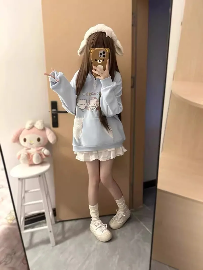 Japanese Subculture Y2k Millennial Two-dimensional Kitten Embroidered Plush Stand-up Collar Winter Loose Top Sweater For Women