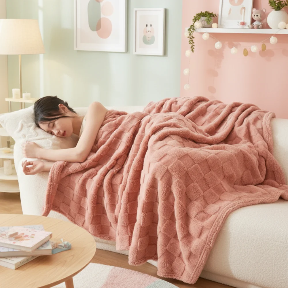 

Solid Color Fleece Blanket Plush Soft Thick Warm Sofa Blanket Home Use Universal Travel Blanket Square Texture Bed Rug Winter