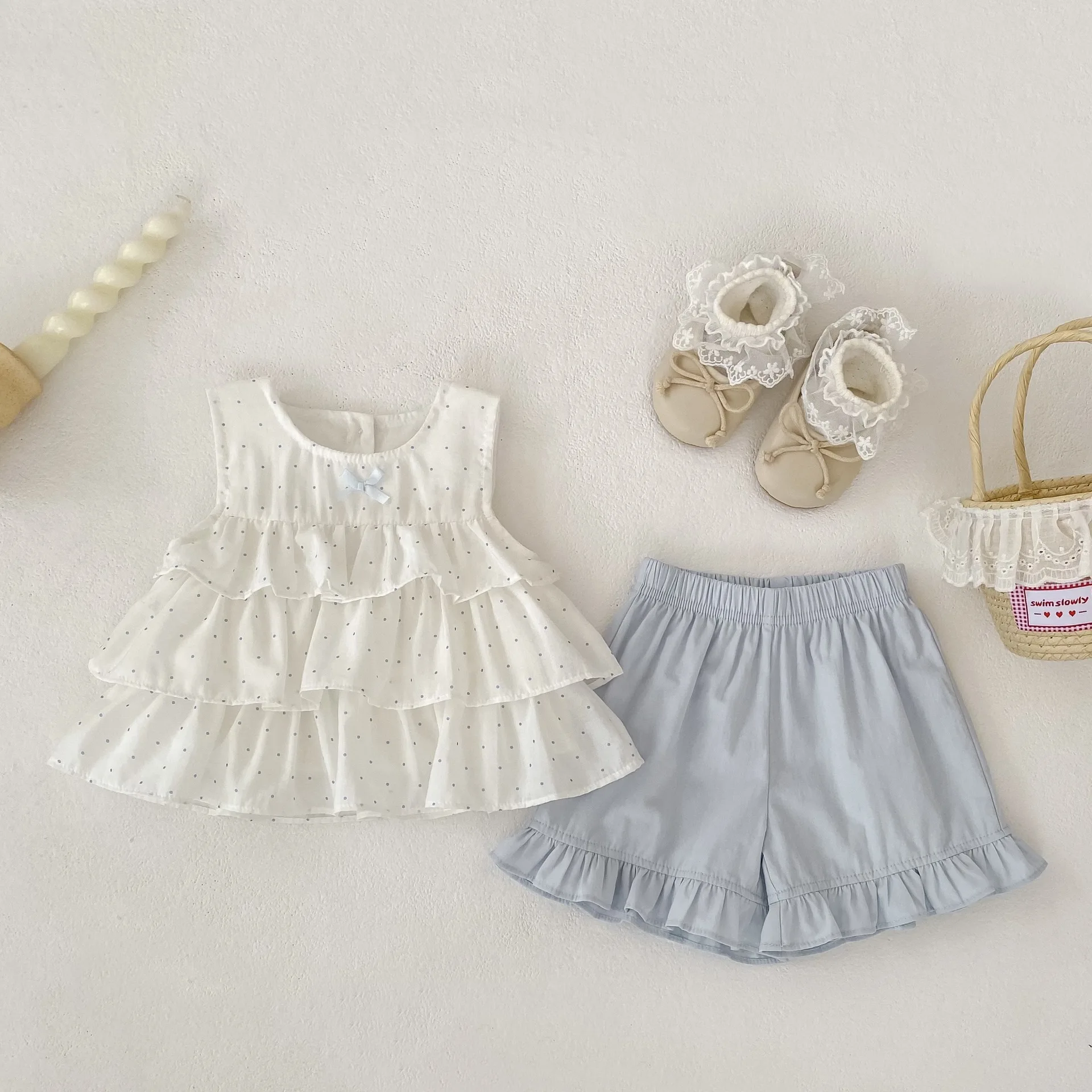 2026 New Girls' Set, Korean Style Baby Girl Polka Dot Sleeveless Doll Shirt+flower Bud Shorts Two-piece Set, Summer Outfit
