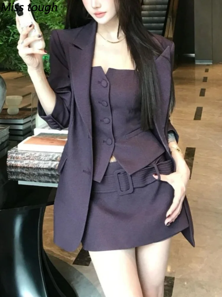 Conjunto de 3 Piezas de Moda Coreana Y2K para Mujer, Chaqueta + Camiseta sin Mangas + Falda Midi en Línea A, Conjuntos Vintage Franceses para Otoño e Invierno, Conjuntos de Oficina para Mujer