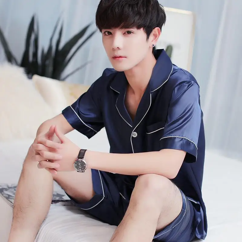 Summer Men\'s New Ice Silk Pajamas Homewear Suit Men\'s Thin Short-Sleeved Shorts Loose Large Size Youth Fashion Leisure Suit