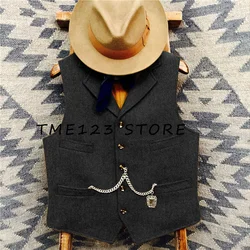 Mens Herringbone Vests Vintage Cowboy Hunting Waistcoat Single-breasted V-neck casual Vests Men's clothing