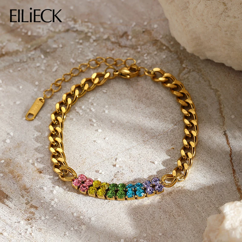 EILIECK 316L Stainless Steel Sparkling Colorful Zircon Crystal Bracelet For Women New Trendy Wrist Chain Waterproof Jewelry Gift