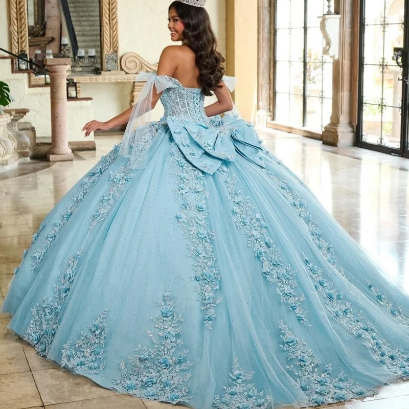 Mexico Sky Blue Ball Gown Quinceanera Dress Floral Appliques Sequins Beaded Tull Off Shoulder Sweet 16 Vestido De 15 Anos