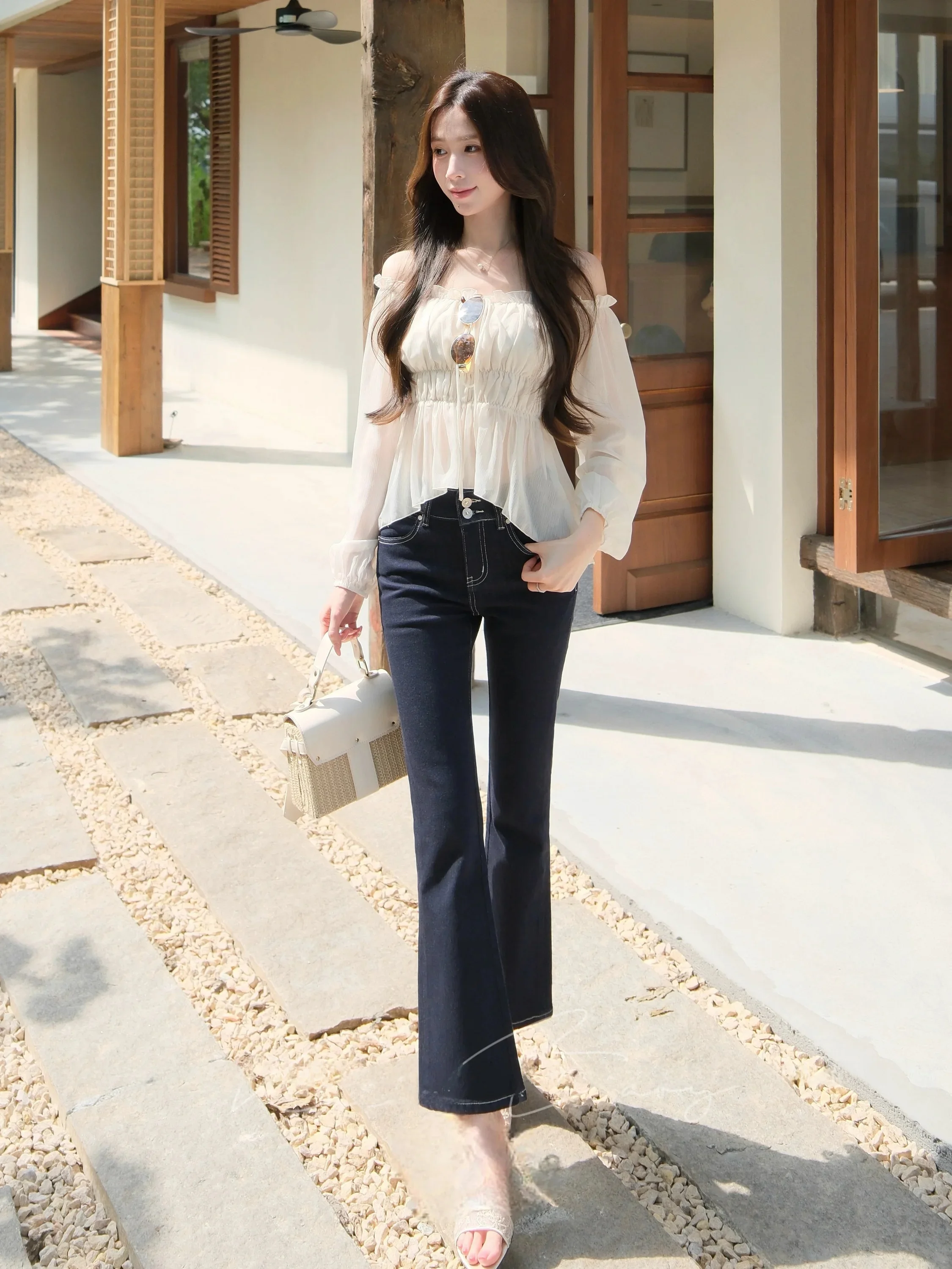 Danning Holiday Vintage Wide Hip Slimming Jeans High Waist Flared Bootcut Lift Butt Nine Point Jeans Women's High Elasticity