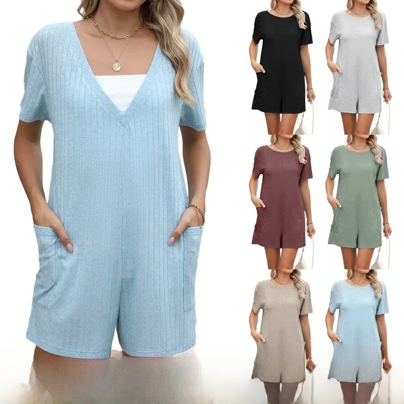 

Summer Street Sle Loose Fit Swimsuit Women's V-Ne ort Sve Beach Pants with kets Two-Way Wear