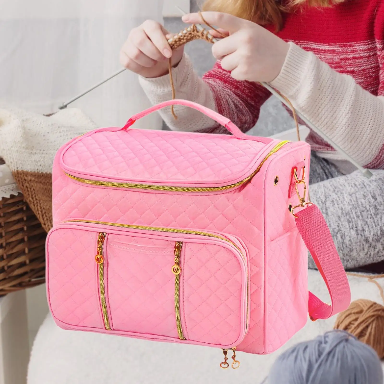 

Home Yarn Storage Bag Lightweight Knitting Tool Tote with Multi Pockets