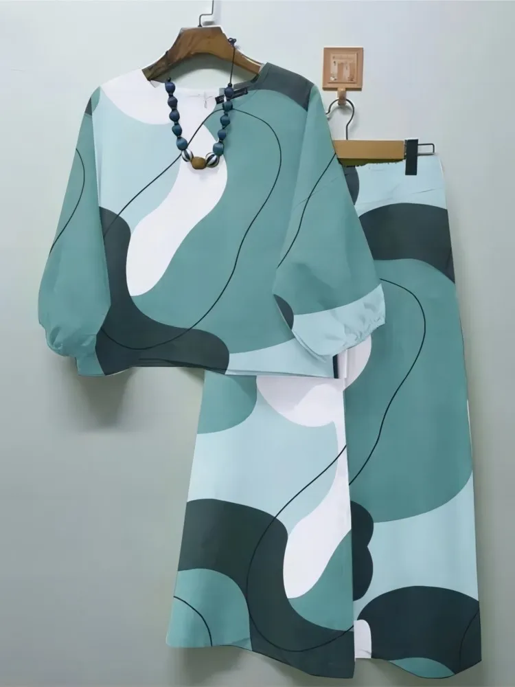 

2025 Spring Autumn New Women's Fashion Geometric Printed Loose Two Piece Sets Casual Bohemian Top + Wide Leg Pants 2-piece Set