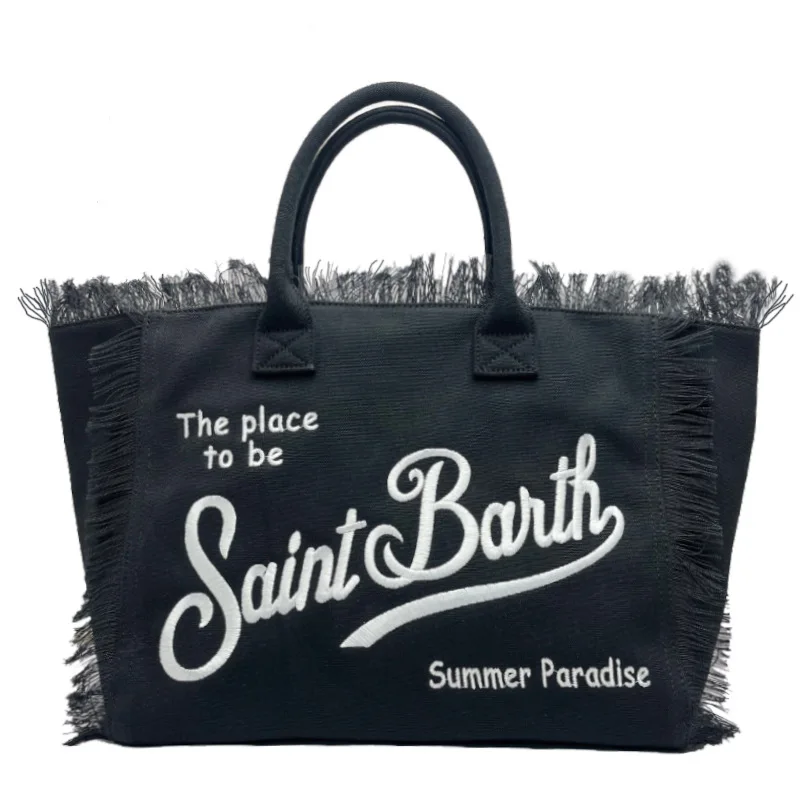 Saint Barth European and American new fashion tassel embroidery white large capacity black beach tote bag handbag