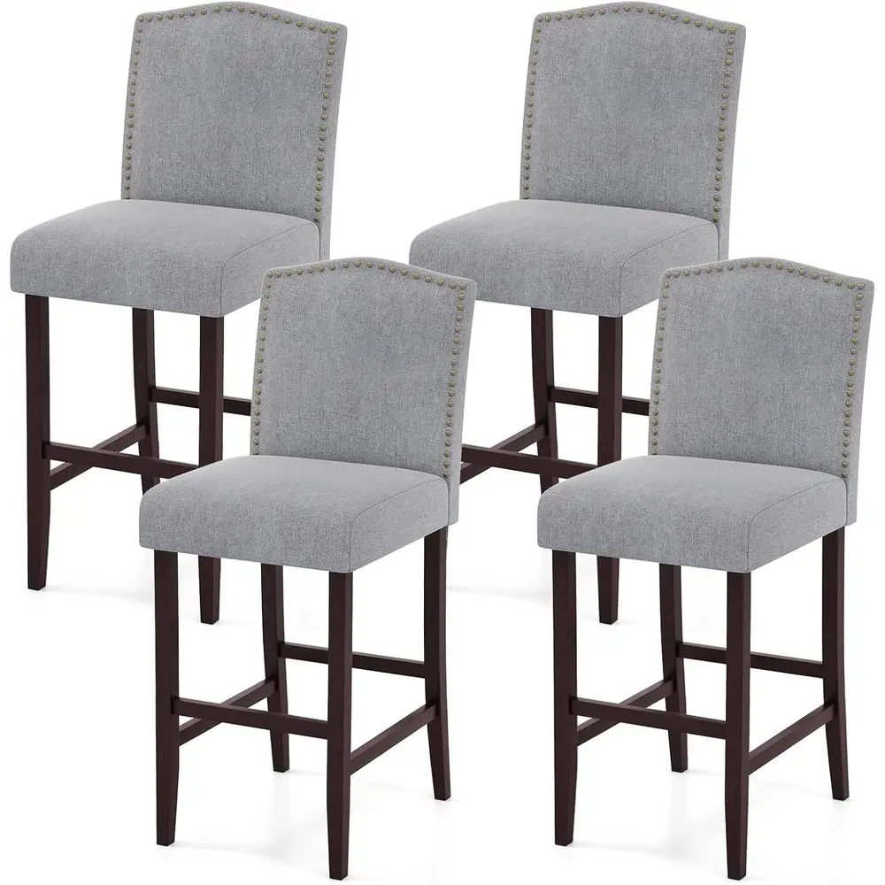 

Набор из 4-х серых барных стульев с мягкой обивкой, высота 30 с каучуковым деревом, отделкой гвоздями, встроенными подставками для ног для кухни или столовой.