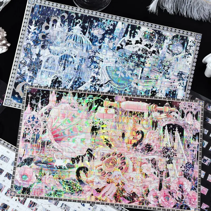 4Pcs Laser Silver Diorama Scrapbook Stickers Fantasy Castle Gothic Theme Holographic Decorative Stickers for Journal Diary Album