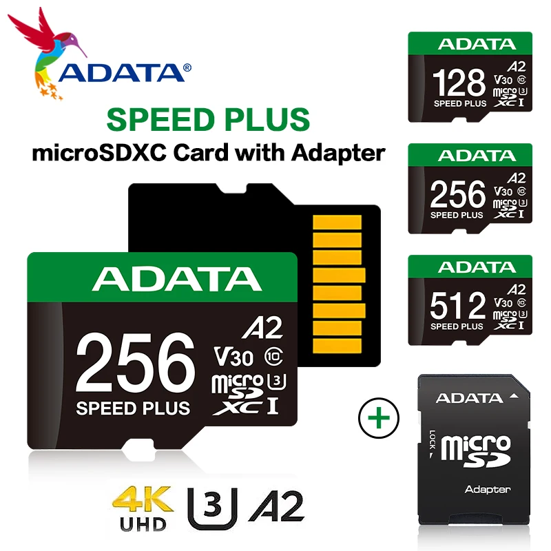 

Карта памяти ADATA SPEED PLUS Micro SDXC с адаптером UHS-1 U3 A2 V30 для записи видео 4K UHD, скорость чтения 180 МБ/с, объем 64 ГБ, 128 ГБ, 256 ГБ, 512 ГБ