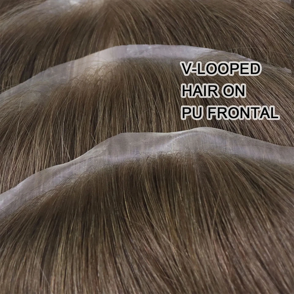 Toupee de Hombre Lacio Marrón 0.06mm Estilo V Línea Frontal para Hombres 15cm Cabello Humano Piel PU Ultra Delgada Prótesis Capilar Masculina 4