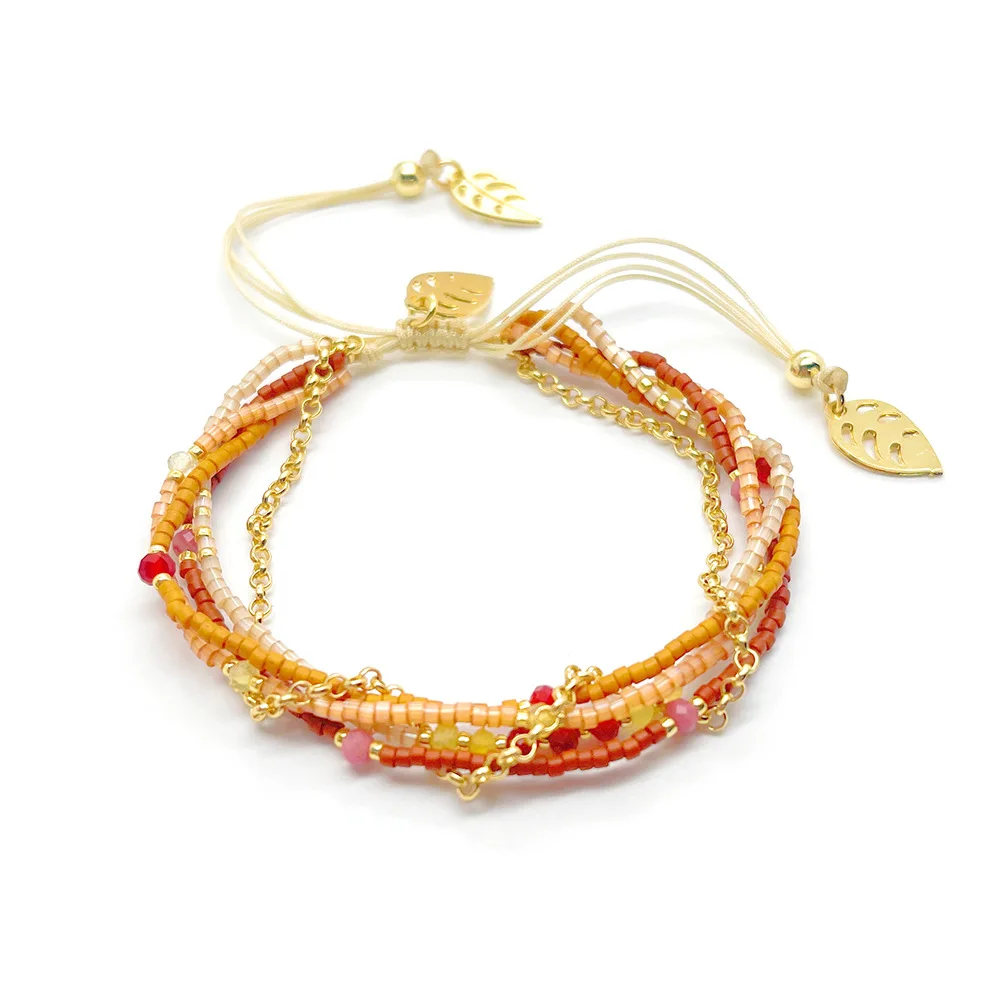 

Браслет из рисовых бусин в богемном стиле. Регулируемый универсальный многослойный кулон в виде листьев. Красочный браслет из бисера ручной работы.