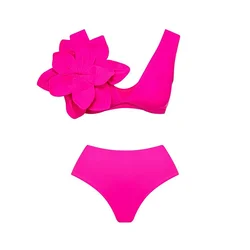 Conjunto de Bikini Floral con volantes para mujer, traje de baño con flores de dos piezas de cintura alta en 3D, ropa de playa, 2024