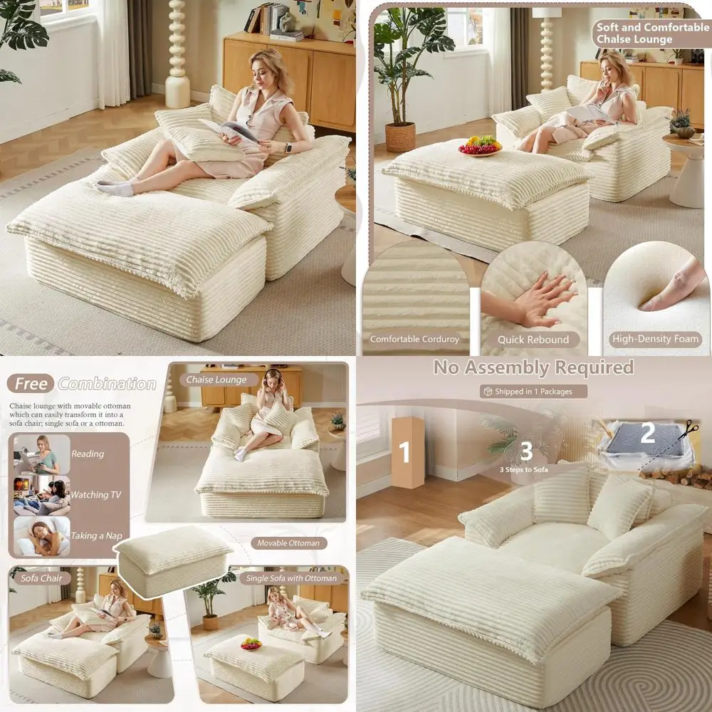 Oversized Chaise Lounge Chair with Ottoman, Upholstered Sofa Couch, 3 Pillows, Corduroy Comfort, Indoor Relaxation Furniture