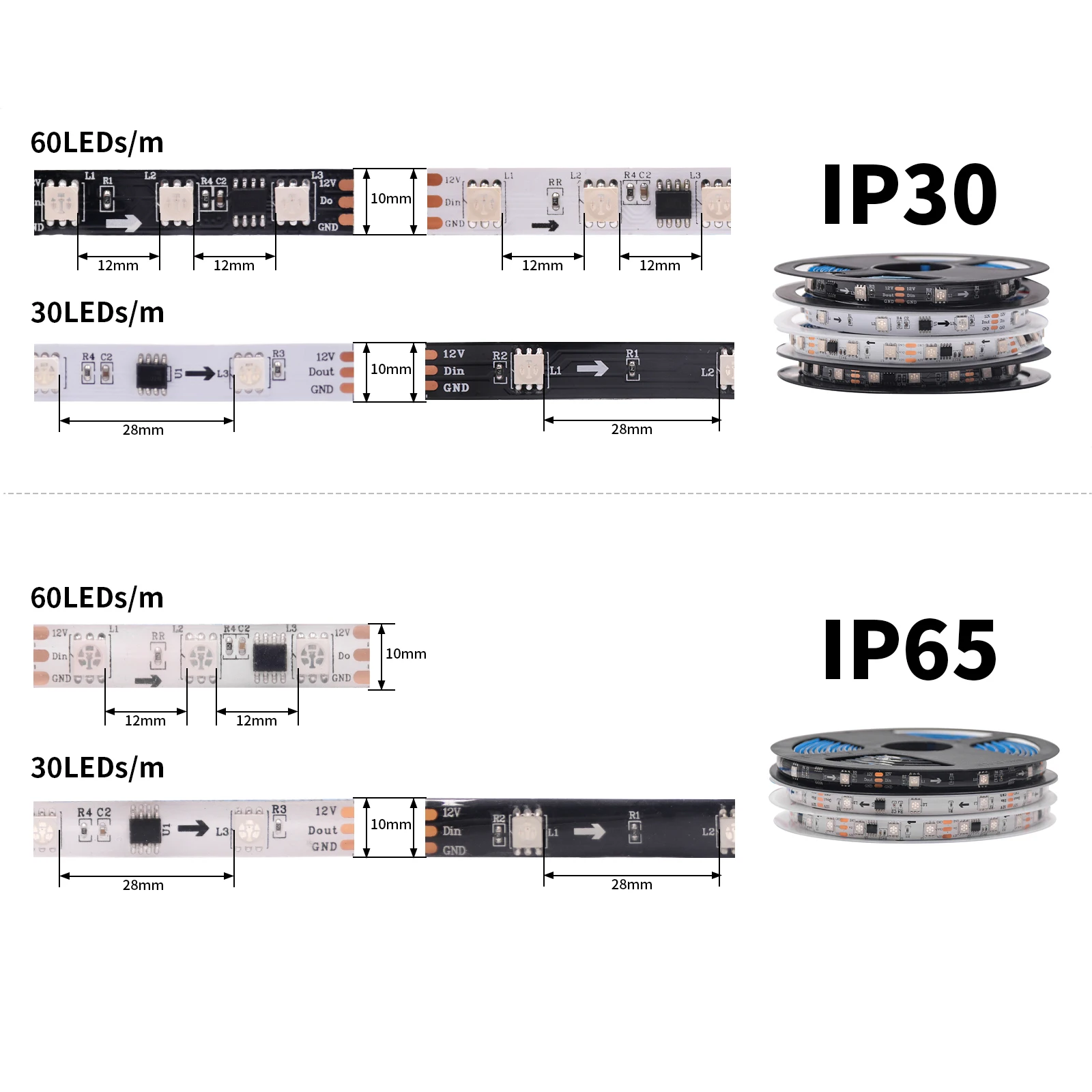 Bande lumineuse LED adressable polychrome, bande de pixels, ruban numérique flexible, IP21, IP65, DC 12V, WS2811, SMD 5050, RVB