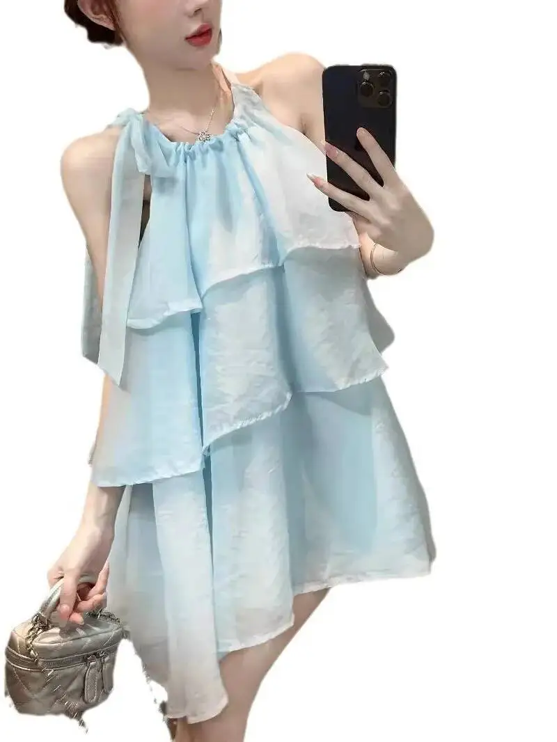 Pure Desire Hanging Neck Design Sense Multi Layered Cake Fashion Dress Elegant Summer Blue Mini Dress Sweet Korean 69LC