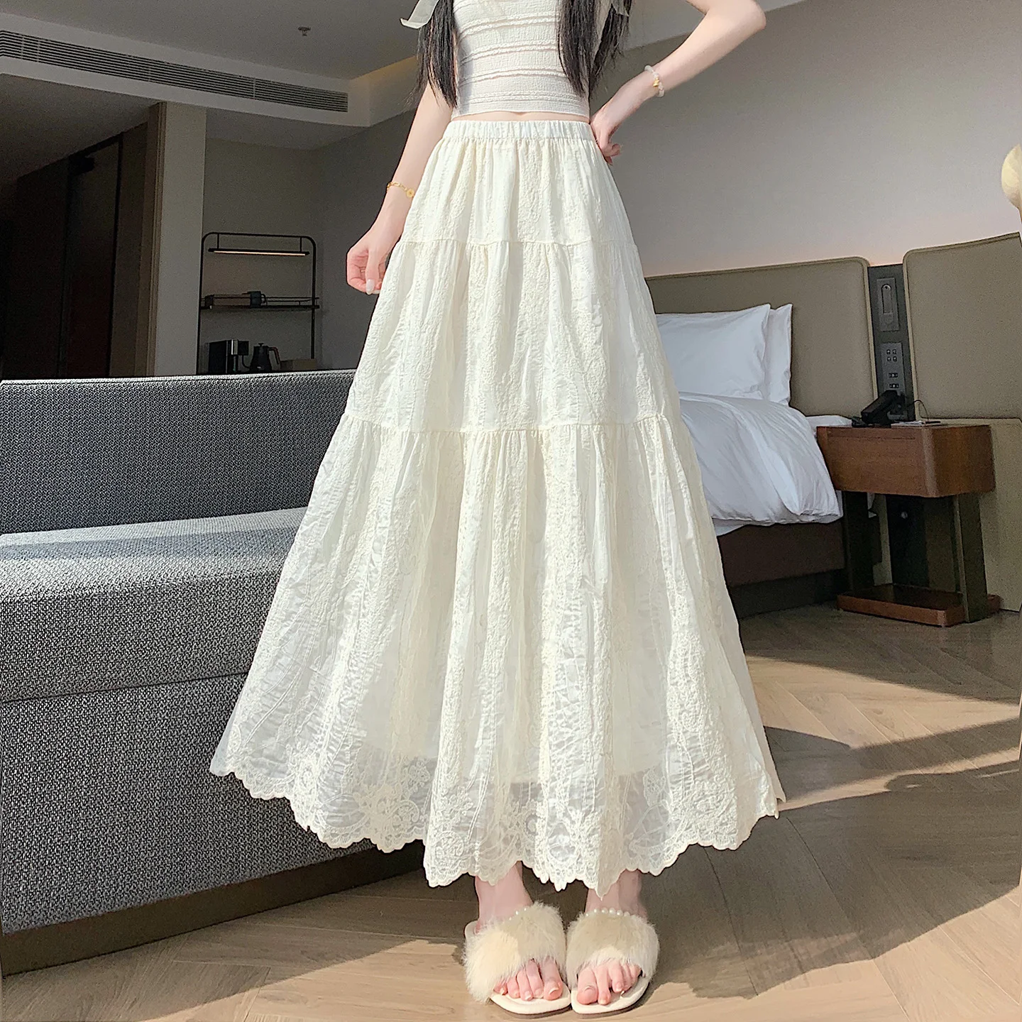 Elegant Heavy Embroidery A-Line Midi Skirt Summer Beautiful Flared Umbrella Skirt High Waist Comfortable Fit City Commute