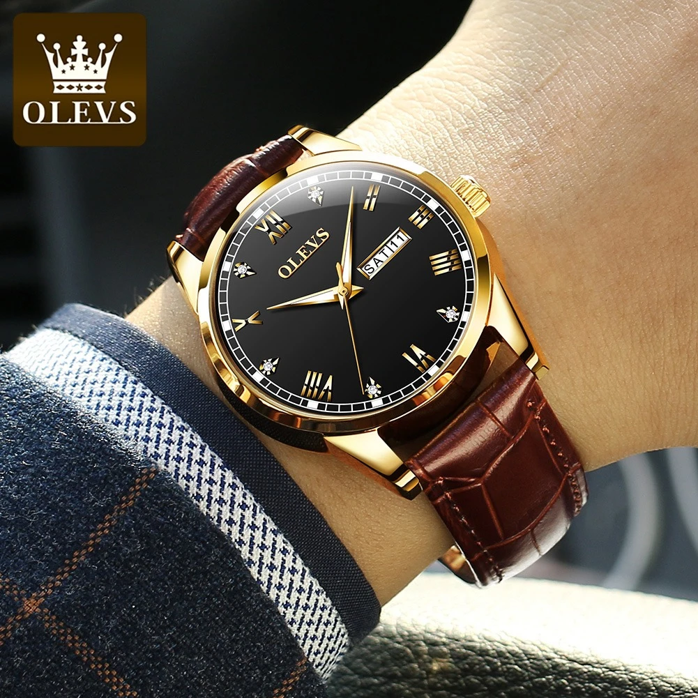 Olevs 6896 Mode Quarzuhr Echt leder Armband Rund zifferblatt Woche Display Kalender leuchtend