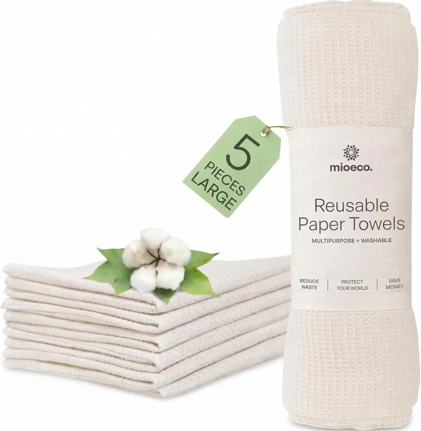 

5 Pack Reusable Paper Towels, Large, Thick, Strong, Eco-Friendly Organic Cotton, Paperless Kitchen Dish Cloths, Reusable Napkins