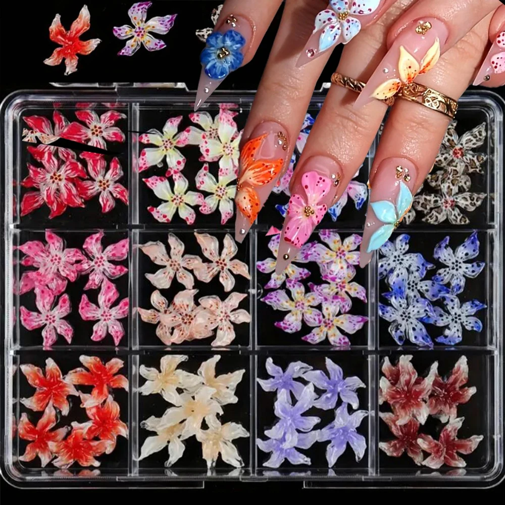 

12Grids 3D Creative Spotted Flower Nail Charms Colorful Resin Five-petal Floral Nail Rhinestones Translucent Crystal Flower Deco