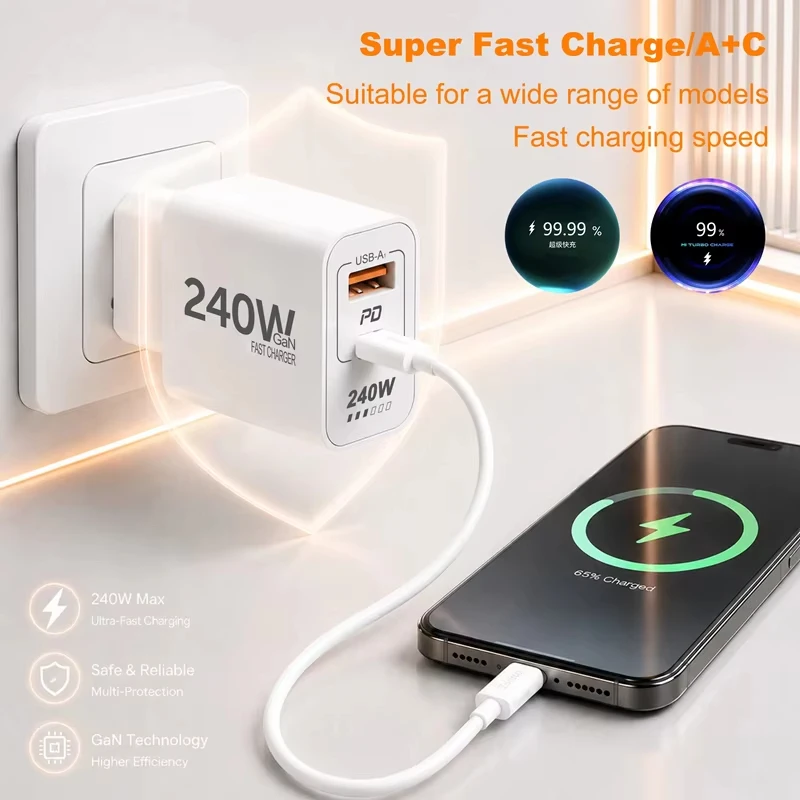 Lenovo 240W GaN PD USB C Charger Fast Charging For iPhone 17 16 15 14 Pro Max Phone PD 3.0 QC 3.0 USB Type C For Xiaomi iPad