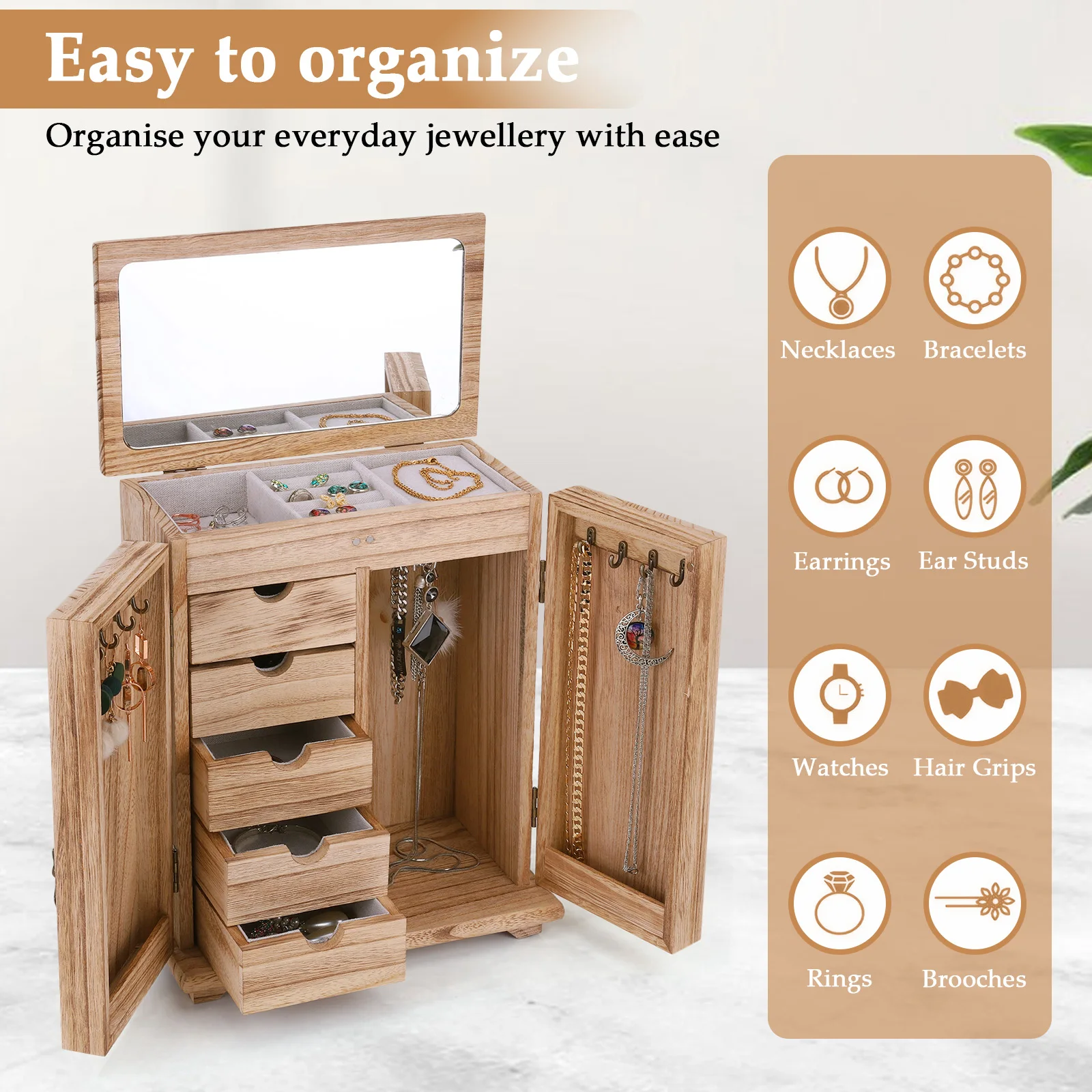 

Деревянная шкатулка для украшений с ящиками и зеркалом, винтажный органайзер для хранения и демонстрации ювелирных изделий для туалетного столика