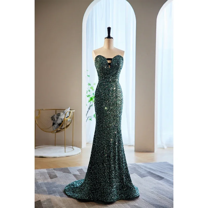 Ssyfashion nova sereia verde vestido de noite sexy magro lantejoulas beading fishtail brilhando formal vestidos festa fo feminino