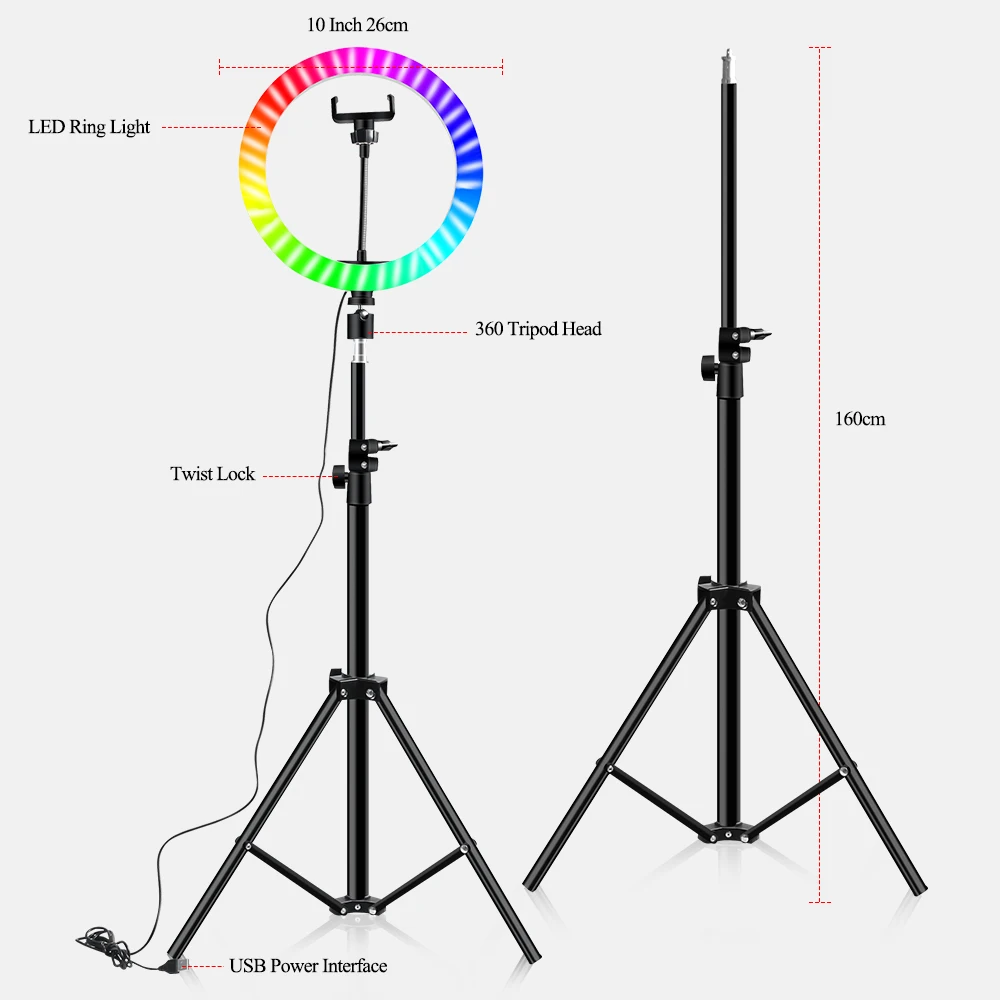 10 Inch Remote Rgb RGB Color Soft Ring Light With Tripod Video Photography Lighting Selfie RingLight Circle Lamp Phone Holder