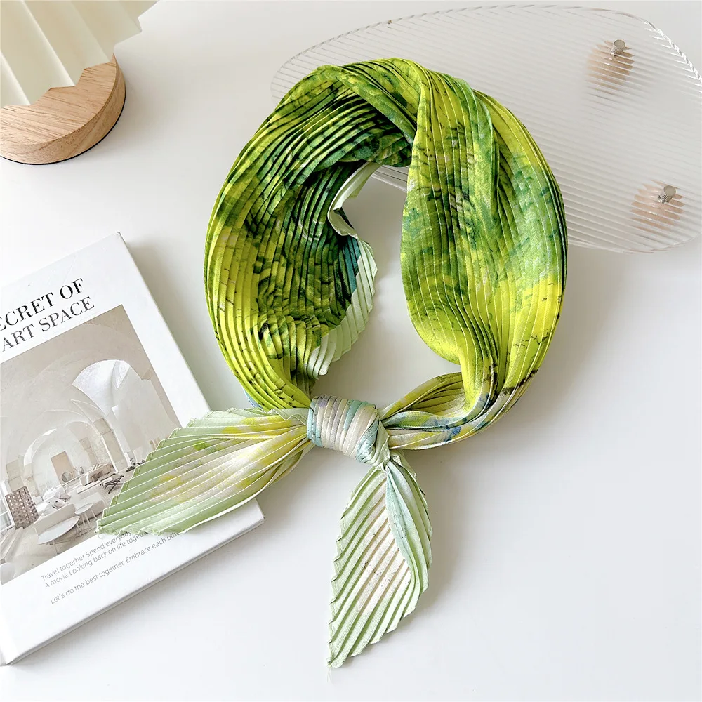 유로 여성 Pleated 스카프 세련된 깨끗한 격자 인쇄 광장 모조 실크 넥타이 스카프 숙녀 실크 Neckerchief 브레이드 스카프