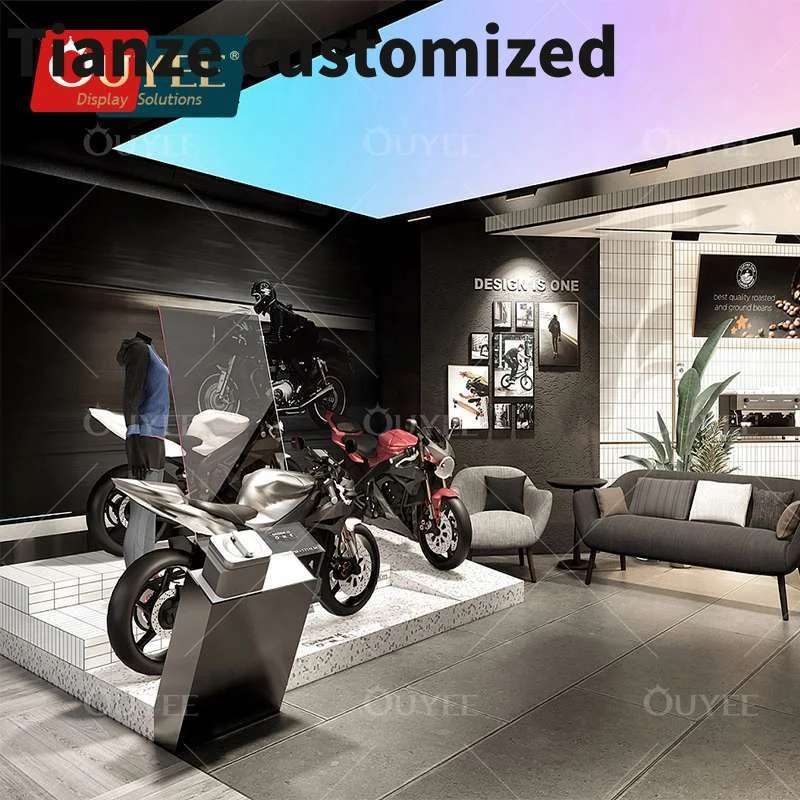 Customized-retail showroom bike workshop cabinets sport bike shop display furniture bike shop interior design with coffee shop