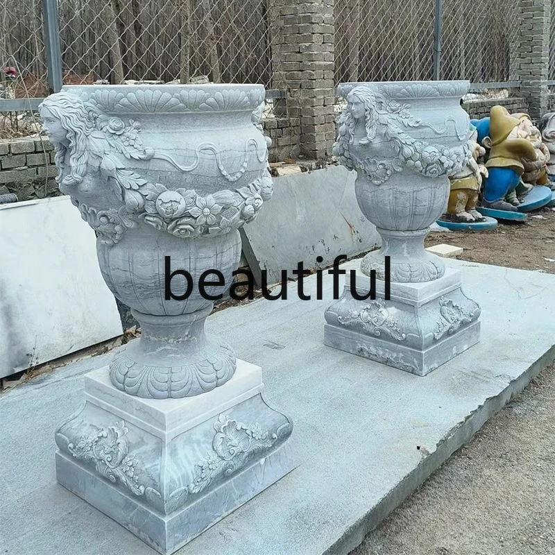

Stone carving marble flower pot fish tank natural stone base, garden decoration