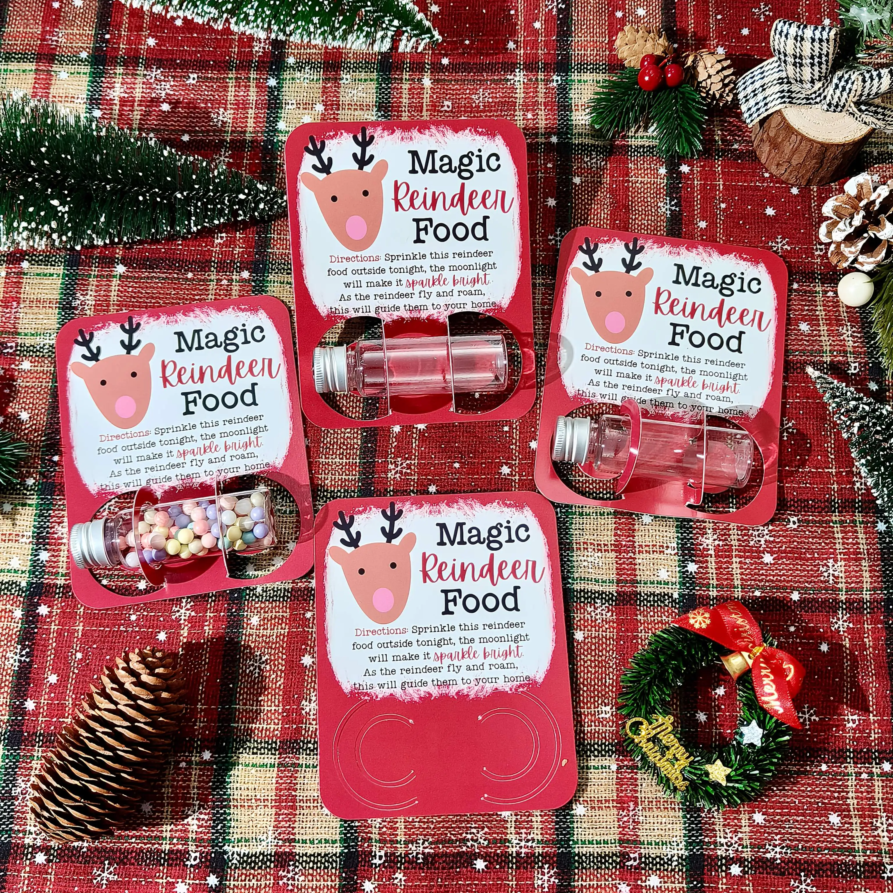 10 Sets  Magic Reindeer Food Wrapping Sets - 0.85oz Plastic Bottles with Dotted Lids, Festive Holiday Surprise&Christmas