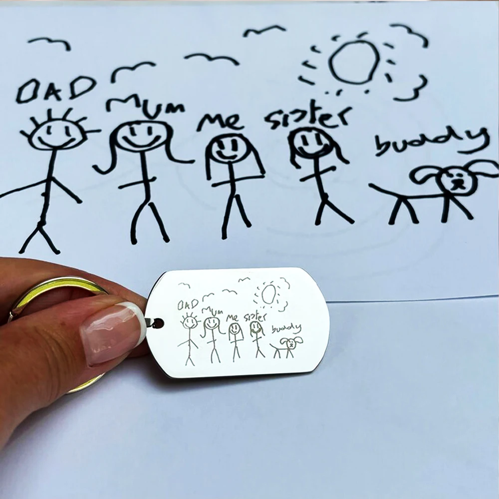 Custom Kids Drawing Art Keychain Childs Drawn sketch Keychain Stainless steel 2 Sides Custom Keychain Unique Children's Gifts