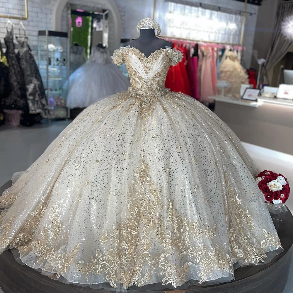 ANGELSBRIDEP Amazing Gold Ball Gown Quinceanera Dresses Mexican Off the shoulder with Sleeve Applique Sweet 15 Dress Customized