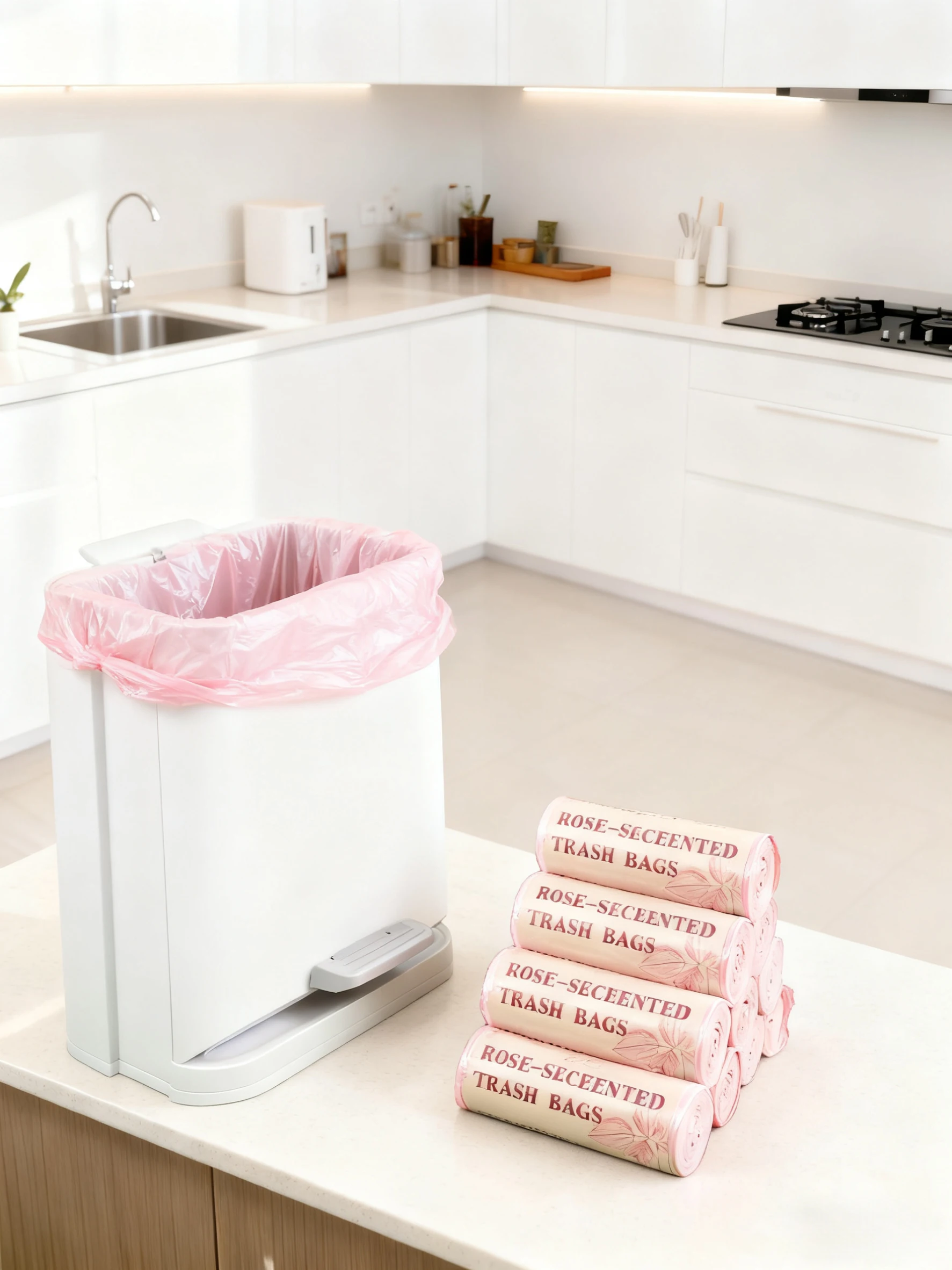 50-200PCS Pink Drawstring Trash Bags, 4 Gallon Rose Scented Garbage Bags, Thickened Disposable Trash Can Liners for Bathroom, Bedroom, Kitchen, Office, Dorm and Apartment