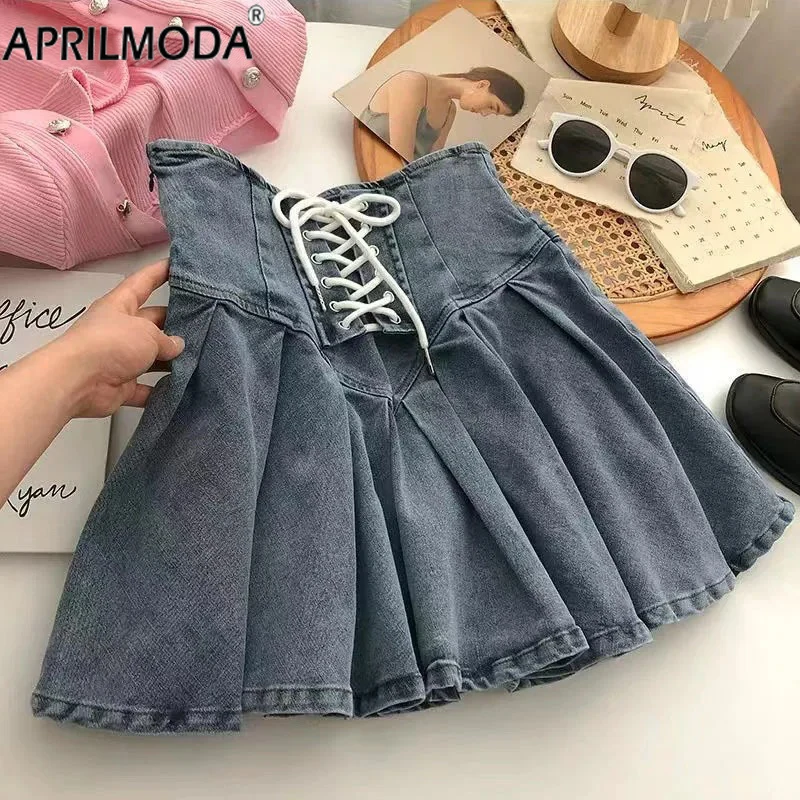 

Lace Up Women High Waist Denim Pleated Skirts Spring Korean Y2K Solid A-Line Jean Skirts Harajuku Preppy All Match Mini Skirts