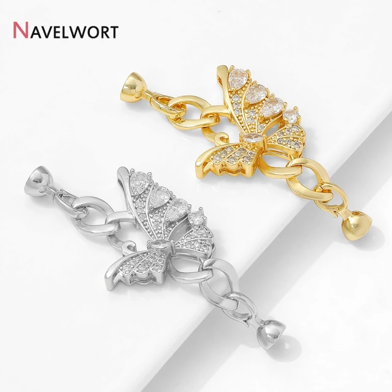 14K Gold Plated Brass Inlaid Zircon Butterfly Shape Fastener Connector Clasps, Pearl Lock Clasps For DIY Jewelry Making Findings