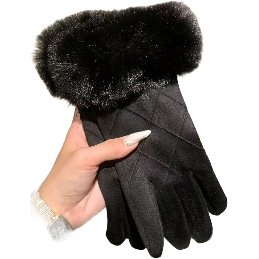 For Women's Winter Gloves Touch Sensitive Fleece Lined Windproof Suede with Decorative Floral Details for Daily Use