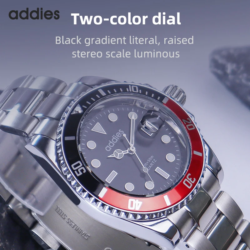 ADDIES Hot Sell Men Quatrz Watch Sport Mens Watches Top Brand Luxury 30M Waterproof Steel Band Dive Clock Men Relogio Masculino