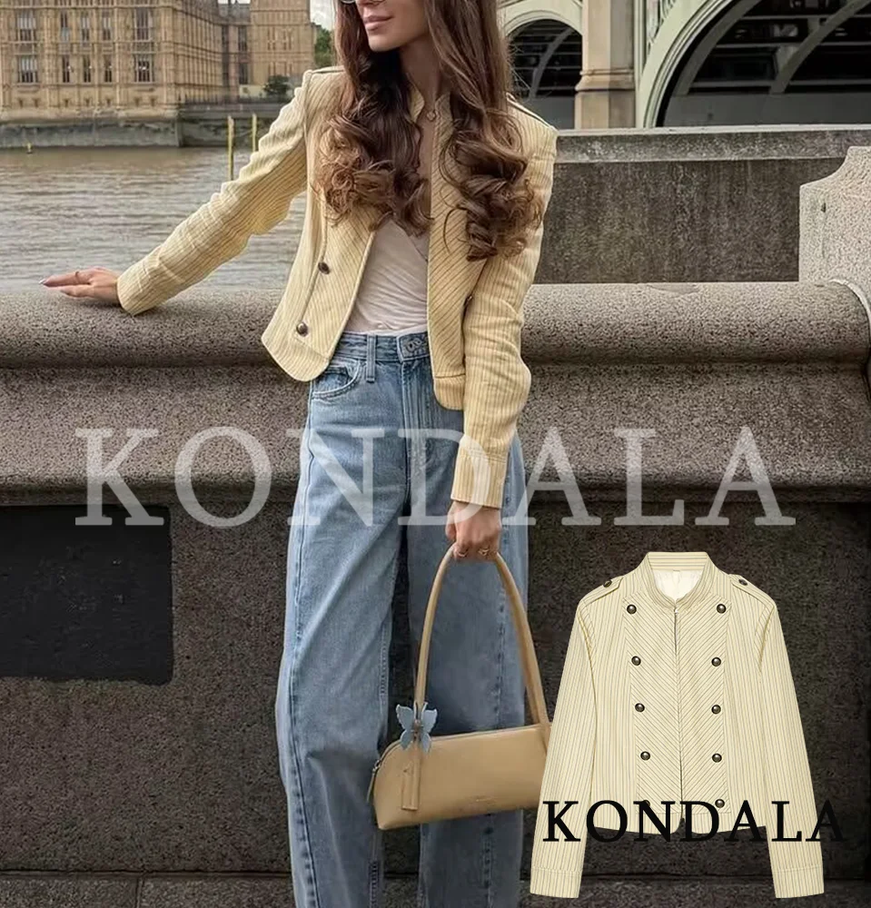 KONDALA Women Vintage Chic Striped Slim Jacket 2026 Spring Summer Trendy Elegant High Street Jacket Commute Casual Ladies Jacket