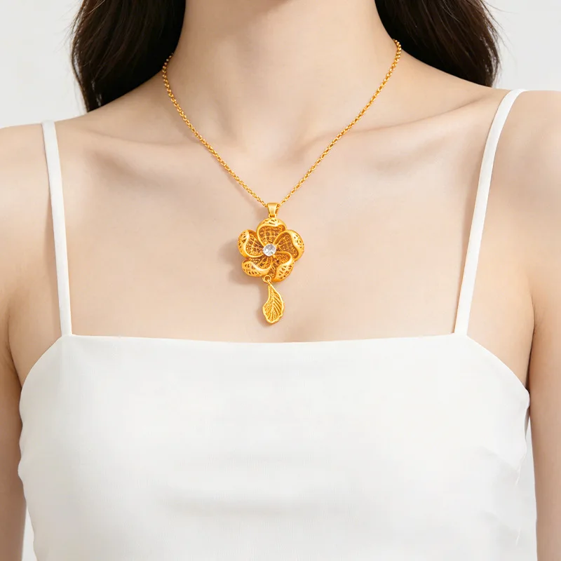 Luxury 24K 9999 Pure Gold real gold Women's Hollow Diamond Flower Stud Earrings Necklace Set