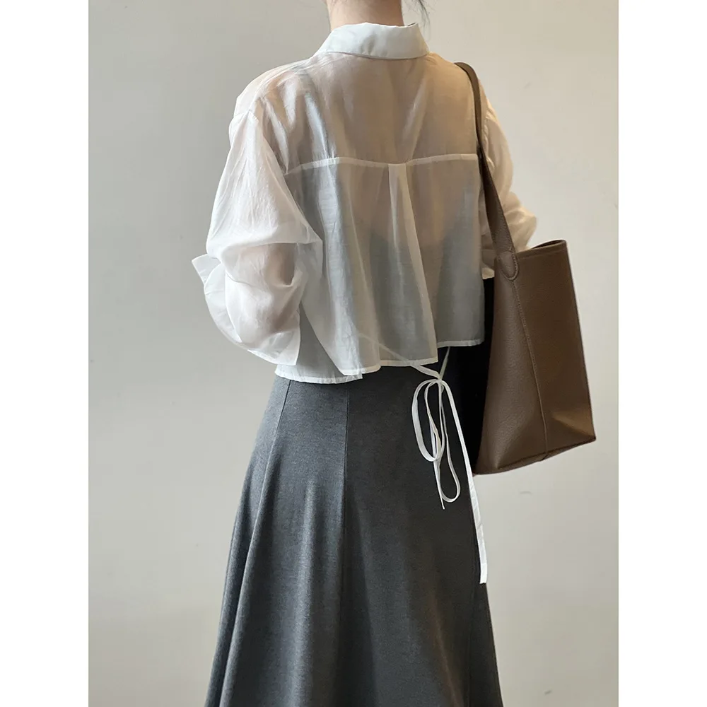 

Summer women's thin sunscreen shirt lace-up lapel long sleeve loose short